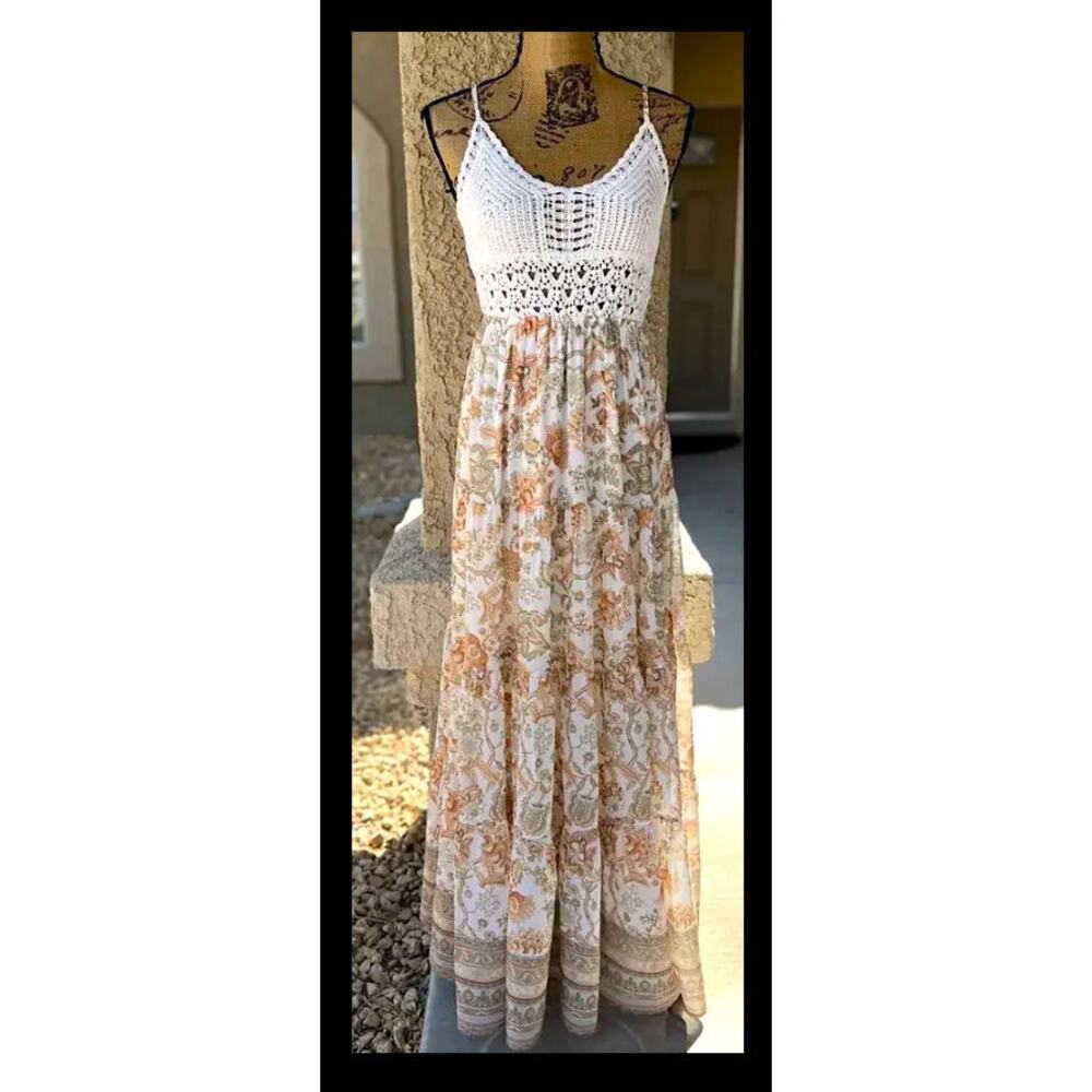 Flying Tomato Crochet Top Detail Floral Print Combo Maxi Dress Size M - Picture 5 of 13